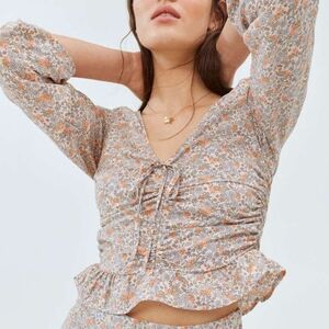 H&M Blue and Cream Ruched Tie Front Blouse